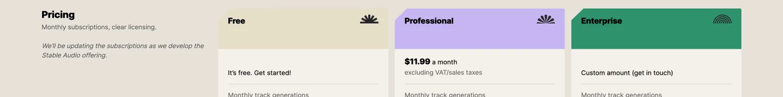 Pricing · Stable Audio landing page section