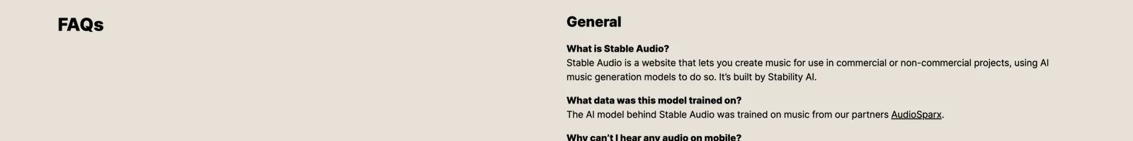FAQ · Stable Audio landing page section