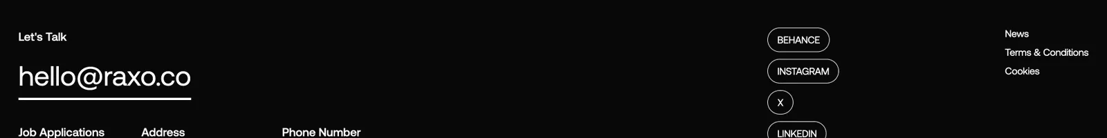 Footer, Contacts · Raxo landing page section
